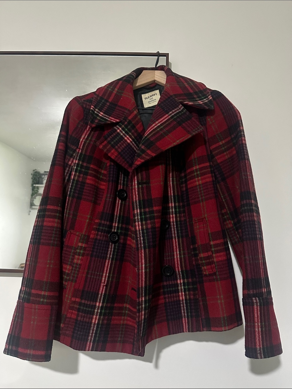 Old Navy Red and Black Plaid Peacoat